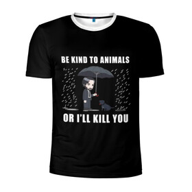 Мужская футболка 3D спортивная с принтом Be Kind to Animals в Белгороде, 100% полиэстер с улучшенными характеристиками | приталенный силуэт, круглая горловина, широкие плечи, сужается к линии бедра | Тематика изображения на принте: be kind to animals | cinema | dog | dogs | john wick | keanu reeves | джон уик | животные | пес | собака