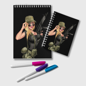 Блокнот с принтом Sexy army girl в Белгороде, 100% бумага | 48 листов, плотность листов — 60 г/м2, плотность картонной обложки — 250 г/м2. Листы скреплены удобной пружинной спиралью. Цвет линий — светло-серый
 | army | automatic | beautiful | big | black | blonde | body | camouflage | chest | cool | eyes | girl | holds | perfect | slim | uniform | weapon | автомат | армия | блондинка | большая | глаза | девушка | держит | идеальное | камуфляж | красивая