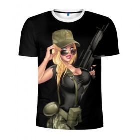 Мужская футболка 3D спортивная с принтом Sexy army girl в Белгороде, 100% полиэстер с улучшенными характеристиками | приталенный силуэт, круглая горловина, широкие плечи, сужается к линии бедра | Тематика изображения на принте: army | automatic | beautiful | big | black | blonde | body | camouflage | chest | cool | eyes | girl | holds | perfect | slim | uniform | weapon | автомат | армия | блондинка | большая | глаза | девушка | держит | идеальное | камуфляж | красивая