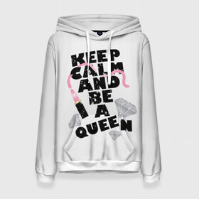 Женская толстовка 3D с принтом Keep calm and be a queen в Белгороде, 100% полиэстер  | двухслойный капюшон со шнурком для регулировки, мягкие манжеты на рукавах и по низу толстовки, спереди карман-кенгуру с мягким внутренним слоем. | appeal | be | diamonds | faceted | font | inscription | keep calm | motto | pink | precious | princess | queen | slogan | stones | text | алмазы | блеск | бриллианты | будь | губн | девиз | драгоценные | камни | королева | лозунг | надпись | помада | приз