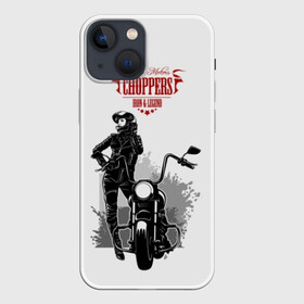 Чехол для iPhone 13 mini с принтом Choppers в Белгороде,  |  | beautiful | black | choppers | emblem | font | girl | helmet | inscription | leather | motorcycle | rider | spl | spots | stars | woman | young | брызги | девушка | женщина | звезды | кожа | комбинезон | красивая | молодая | мотоцикл | мотоциклистка | над