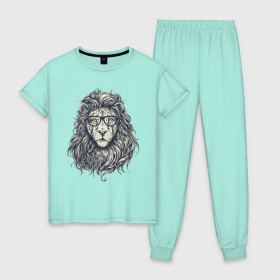 Женская пижама хлопок с принтом Лев хипстер в Белгороде, 100% хлопок | брюки и футболка прямого кроя, без карманов, на брюках мягкая резинка на поясе и по низу штанин | 
