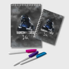 Блокнот с принтом IQ Rainbow Six в Белгороде, 100% бумага | 48 листов, плотность листов — 60 г/м2, плотность картонной обложки — 250 г/м2. Листы скреплены удобной пружинной спиралью. Цвет линий — светло-серый
 | Тематика изображения на принте: gameplay | mozzie | pvp | r6 | r6s | siege | герой | дым | огонь | осада | пламя | радуга | снайпер | сражения | туман | шутер