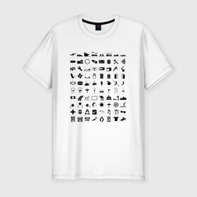 Мужская футболка премиум с принтом 80 знаков для общения в Белгороде, 92% хлопок, 8% лайкра | приталенный силуэт, круглый вырез ворота, длина до линии бедра, короткий рукав | iconspeak | знание языков | объяснить на пальцах | пиктограммы значки travellers tshirt | понять иностранца | понять собеседника | путешествия | туризм | языковой барьер