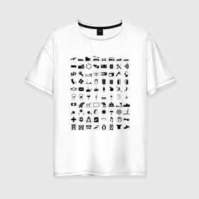 Женская футболка хлопок Oversize с принтом 80 знаков для общения в Белгороде, 100% хлопок | свободный крой, круглый ворот, спущенный рукав, длина до линии бедер
 | iconspeak | знание языков | объяснить на пальцах | пиктограммы значки travellers tshirt | понять иностранца | понять собеседника | путешествия | туризм | языковой барьер