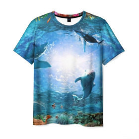 Мужская футболка 3D с принтом Дельфины в Белгороде, 100% полиэфир | прямой крой, круглый вырез горловины, длина до линии бедер | fish | аква | аквариум | вода | кораллы | море | океан | ракушки | рыбки | рыбы