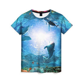 Женская футболка 3D с принтом Дельфины в Белгороде, 100% полиэфир ( синтетическое хлопкоподобное полотно) | прямой крой, круглый вырез горловины, длина до линии бедер | fish | аква | аквариум | вода | кораллы | море | океан | ракушки | рыбки | рыбы