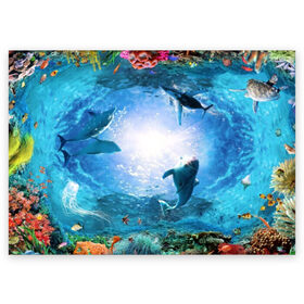 Поздравительная открытка с принтом Дельфины в Белгороде, 100% бумага | плотность бумаги 280 г/м2, матовая, на обратной стороне линовка и место для марки
 | fish | аква | аквариум | вода | кораллы | море | океан | ракушки | рыбки | рыбы