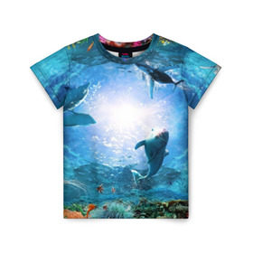 Детская футболка 3D с принтом Дельфины в Белгороде, 100% гипоаллергенный полиэфир | прямой крой, круглый вырез горловины, длина до линии бедер, чуть спущенное плечо, ткань немного тянется | fish | аква | аквариум | вода | кораллы | море | океан | ракушки | рыбки | рыбы