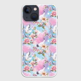 Чехол для iPhone 13 mini с принтом Узор с журавлями в Белгороде,  |  | art | birds | blooming | buds | cherry | crane | flowers | fly | japanese | leaves | pattern | petals | pink | red headed | spring | watercolor | акварель | бутоны | весна | вишня | журавль | искусство | красноголовый | лепестки | летают | листья | м | пт