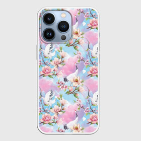 Чехол для iPhone 13 Pro с принтом Узор с журавлями в Белгороде,  |  | art | birds | blooming | buds | cherry | crane | flowers | fly | japanese | leaves | pattern | petals | pink | red headed | spring | watercolor | акварель | бутоны | весна | вишня | журавль | искусство | красноголовый | лепестки | летают | листья | м | пт