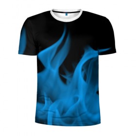 Мужская футболка 3D спортивная с принтом Синий огонь в Белгороде, 100% полиэстер с улучшенными характеристиками | приталенный силуэт, круглая горловина, широкие плечи, сужается к линии бедра | fire | flame | in fire | smoke | в огне | дым | огненный | огонь | текстуры
