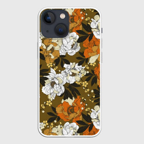 Чехол для iPhone 13 mini с принтом Пионы в Белгороде,  |  | art | buds | flowers | garden | leaves | orange | pattern | peonies | petals | summer | watercolor | white | акварель | белые | бутоны | искусство | лепестки | лето | листья | оранжевые | пионы | садовые | узор | цветы