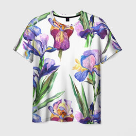 Мужская футболка 3D с принтом Ирисы в Белгороде, 100% полиэфир | прямой крой, круглый вырез горловины, длина до линии бедер | Тематика изображения на принте: акварель | мода | стиль | цветочки | цветы