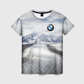Женская футболка 3D с принтом BMW в Белгороде, 100% полиэфир ( синтетическое хлопкоподобное полотно) | прямой крой, круглый вырез горловины, длина до линии бедер | bmw | clouds | ice | mountains | prestige | road | sky | snow | бмв | горы | дорога | лед | небо | облака | престиж | снег