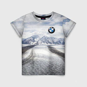 Детская футболка 3D с принтом BMW в Белгороде, 100% гипоаллергенный полиэфир | прямой крой, круглый вырез горловины, длина до линии бедер, чуть спущенное плечо, ткань немного тянется | bmw | clouds | ice | mountains | prestige | road | sky | snow | бмв | горы | дорога | лед | небо | облака | престиж | снег
