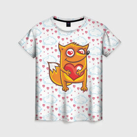 Женская футболка 3D с принтом Влюбленная лисичка в Белгороде, 100% полиэфир ( синтетическое хлопкоподобное полотно) | прямой крой, круглый вырез горловины, длина до линии бедер | fox | foxed | арт | лис | лиса | лисенок | лисичка | пушистик | рыжая | рыжмй хвост