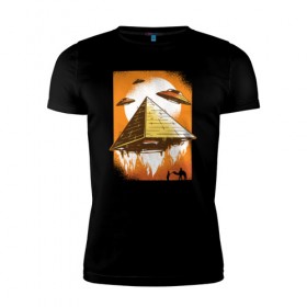 Мужская футболка премиум с принтом Пришельцы и Пирамида в Белгороде, 92% хлопок, 8% лайкра | приталенный силуэт, круглый вырез ворота, длина до линии бедра, короткий рукав | 