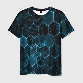 Мужская футболка 3D с принтом Броня в Белгороде, 100% полиэфир | прямой крой, круглый вырез горловины, длина до линии бедер | abstraction | geometry | hexagon | techno | абстракция | броня | геометрия | краски | неон | неоновый | сетка | соты | стальная броня | текстура | шестигранники
