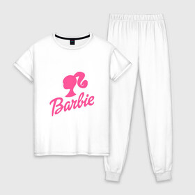 Женская пижама хлопок с принтом Barbie в Белгороде, 100% хлопок | брюки и футболка прямого кроя, без карманов, на брюках мягкая резинка на поясе и по низу штанин | barbara | barbie | beauty | doll | girl | idol | perfect | pink | pop | toy | usa | woman | барбара | барби | девушка | игрушка | кукла | поп идол | розовый | силуэт | сша