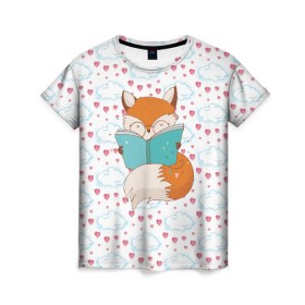 Женская футболка 3D с принтом Лиса с книжкой в Белгороде, 100% полиэфир ( синтетическое хлопкоподобное полотно) | прямой крой, круглый вырез горловины, длина до линии бедер | fox | foxed | арт | лис | лиса | лисенок | лисичка | пушистик | рыжая | рыжмй хвост