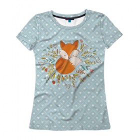 Женская футболка 3D с принтом Лисичка в цветах в Белгороде, 100% полиэфир ( синтетическое хлопкоподобное полотно) | прямой крой, круглый вырез горловины, длина до линии бедер | fox | foxed | арт | лис | лиса | лисенок | лисичка | пушистик | рыжая | рыжмй хвост