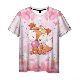 Мужская футболка 3D с принтом Милая лисичка с жвачкой в Белгороде, 100% полиэфир | прямой крой, круглый вырез горловины, длина до линии бедер | Тематика изображения на принте: fox | foxed | арт | лис | лиса | лисенок | лисичка | пушистик | рыжая | рыжмй хвост