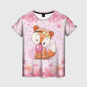Женская футболка 3D с принтом Милая лисичка с жвачкой в Белгороде, 100% полиэфир ( синтетическое хлопкоподобное полотно) | прямой крой, круглый вырез горловины, длина до линии бедер | fox | foxed | арт | лис | лиса | лисенок | лисичка | пушистик | рыжая | рыжмй хвост