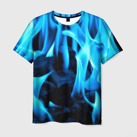 Мужская футболка 3D с принтом Синий огонь в Белгороде, 100% полиэфир | прямой крой, круглый вырез горловины, длина до линии бедер | Тематика изображения на принте: fire | flame | in fire | smoke | в огне | дым | огненный | огонь | текстуры