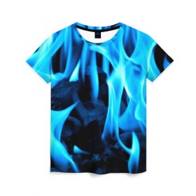 Женская футболка 3D с принтом Синий огонь в Белгороде, 100% полиэфир ( синтетическое хлопкоподобное полотно) | прямой крой, круглый вырез горловины, длина до линии бедер | fire | flame | in fire | smoke | в огне | дым | огненный | огонь | текстуры