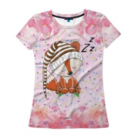 Женская футболка 3D с принтом Сонный лисенок в Белгороде, 100% полиэфир ( синтетическое хлопкоподобное полотно) | прямой крой, круглый вырез горловины, длина до линии бедер | fox | foxed | арт | лис | лиса | лисенок | лисичка | пушистик | рыжая | рыжмй хвост