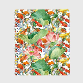 Тетрадь с принтом Карпы кои в Белгороде, 100% бумага | 48 листов, плотность листов — 60 г/м2, плотность картонной обложки — 250 г/м2. Листы скреплены сбоку удобной пружинной спиралью. Уголки страниц и обложки скругленные. Цвет линий — светло-серый
 | Тематика изображения на принте: art | carps | fish | flower | gold | japanese | koi | leaves | lotus | painting | pattern | petals | pond | stems | water | вода | живопись | золотая | искусство | карпы | кои | лепестки | листья | лотос | пруд | рыбка | узор | цветок | японская