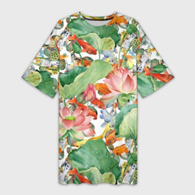 Платье-футболка 3D с принтом Карпы кои в Белгороде,  |  | art | carps | fish | flower | gold | japanese | koi | leaves | lotus | painting | pattern | petals | pond | stems | water | вода | живопись | золотая | искусство | карпы | кои | лепестки | листья | лотос | пруд | рыбка | узор | цветок | японская