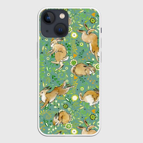 Чехол для iPhone 13 mini с принтом Милые зайчата в Белгороде,  |  | animals | art | cute | flowers | hares | hearts | meadow | painting | summer | watercolor | wild | акварель | дикие | живопись | животные | зайцы | искусство | лето | луг | любовь | милые | сердца | цветы