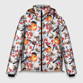 Мужская зимняя куртка 3D с принтом Снегири в Белгороде, верх — 100% полиэстер; подкладка — 100% полиэстер; утеплитель — 100% полиэстер | длина ниже бедра, свободный силуэт Оверсайз. Есть воротник-стойка, отстегивающийся капюшон и ветрозащитная планка. 

Боковые карманы с листочкой на кнопках и внутренний карман на молнии. | art | berries | bullfinch | cocoons | cotton | nature | painting | plants | red | watercolor | winter birds | акварель | живопись | зимние | искусство | коконы | красные | природа | птицы | растения | снегири | хлопок | ягоды