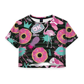 Женская футболка Cropp-top с принтом Пончики, мопсы и фламинго. в Белгороде, 100% полиэстер | круглая горловина, длина футболки до линии талии, рукава с отворотами | bird | blots | breed | crown | dog | donuts | flamingo | ici | kiss | lips | pastries | pineapple | pink | pug | splashes | stripes | sweet | ананас | брызги | выпечка | глазурь | губы | женские | кляксы | корона | мопс | отпечаток | полосы | пончики | по