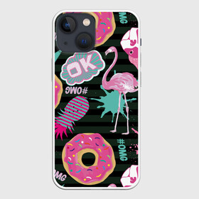 Чехол для iPhone 13 mini с принтом Пончики, мопсы и фламинго. в Белгороде,  |  | bird | blots | breed | crown | dog | donuts | flamingo | ici | kiss | lips | pastries | pineapple | pink | pug | splashes | stripes | sweet | ананас | брызги | выпечка | глазурь | губы | женские | кляксы | корона | мопс | отпечаток | полосы | пончики | по
