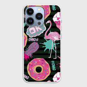 Чехол для iPhone 13 Pro с принтом Пончики, мопсы и фламинго. в Белгороде,  |  | bird | blots | breed | crown | dog | donuts | flamingo | ici | kiss | lips | pastries | pineapple | pink | pug | splashes | stripes | sweet | ананас | брызги | выпечка | глазурь | губы | женские | кляксы | корона | мопс | отпечаток | полосы | пончики | по