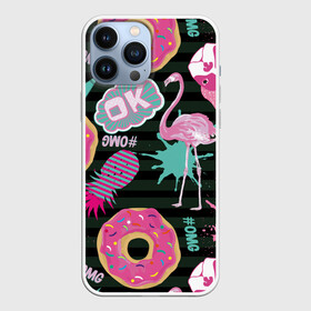 Чехол для iPhone 13 Pro Max с принтом Пончики, мопсы и фламинго. в Белгороде,  |  | bird | blots | breed | crown | dog | donuts | flamingo | ici | kiss | lips | pastries | pineapple | pink | pug | splashes | stripes | sweet | ананас | брызги | выпечка | глазурь | губы | женские | кляксы | корона | мопс | отпечаток | полосы | пончики | по