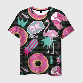 Мужская футболка 3D с принтом Пончики, мопсы и фламинго. в Белгороде, 100% полиэфир | прямой крой, круглый вырез горловины, длина до линии бедер | bird | blots | breed | crown | dog | donuts | flamingo | ici | kiss | lips | pastries | pineapple | pink | pug | splashes | stripes | sweet | ананас | брызги | выпечка | глазурь | губы | женские | кляксы | корона | мопс | отпечаток | полосы | пончики | по