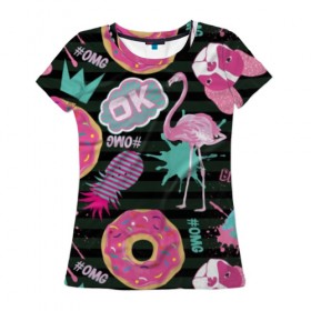 Женская футболка 3D с принтом Пончики, мопсы и фламинго. в Белгороде, 100% полиэфир ( синтетическое хлопкоподобное полотно) | прямой крой, круглый вырез горловины, длина до линии бедер | bird | blots | breed | crown | dog | donuts | flamingo | ici | kiss | lips | pastries | pineapple | pink | pug | splashes | stripes | sweet | ананас | брызги | выпечка | глазурь | губы | женские | кляксы | корона | мопс | отпечаток | полосы | пончики | по