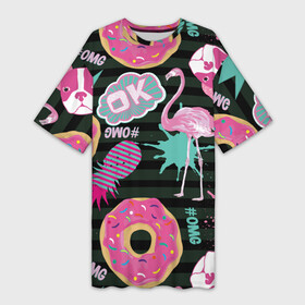 Платье-футболка 3D с принтом Пончики, мопсы и фламинго. в Белгороде,  |  | bird | blots | breed | crown | dog | donuts | flamingo | ici | kiss | lips | pastries | pineapple | pink | pug | splashes | stripes | sweet | ананас | брызги | выпечка | глазурь | губы | женские | кляксы | корона | мопс | отпечаток | полосы | пончики | по