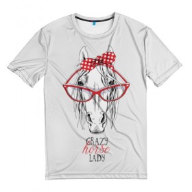 Мужская футболка 3D с принтом Crazy horse lady в Белгороде, 100% полиэфир | прямой крой, круглый вырез горловины, длина до линии бедер | animal | blonde | bow | crazy | cute | head | horse | lady | look | polka | portrait | red | white | бант | белая | белый | блондинка | взгляд | голова | горошек | животное | красный | леди | лошадь | милый | очки | портрет | сумасшедшая