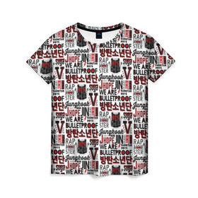 Женская футболка 3D с принтом BTS Pop art в Белгороде, 100% полиэфир ( синтетическое хлопкоподобное полотно) | прямой крой, круглый вырез горловины, длина до линии бедер | bangtan | boy | j hope | jimin | jin | jungkook | korea | luv | rm | suga | v | with | бтс | кей | поп