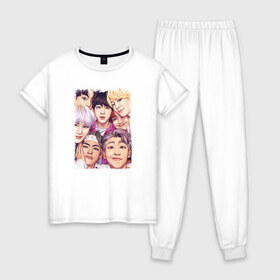 Женская пижама хлопок с принтом BTS в Белгороде, 100% хлопок | брюки и футболка прямого кроя, без карманов, на брюках мягкая резинка на поясе и по низу штанин | bangtan boys | bt21 | bts | bts army | bts stickers | j hope | jimin | jin | jungkook | k pop | rap monster | rapmon | suga | v | бтс | корея | стикеры bts