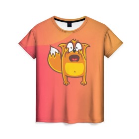 Женская футболка 3D с принтом Удивленная лиса в Белгороде, 100% полиэфир ( синтетическое хлопкоподобное полотно) | прямой крой, круглый вырез горловины, длина до линии бедер | fox | foxed | арт | лис | лиса | лисенок | лисичка | пушистик | рыжая | рыжмй хвост
