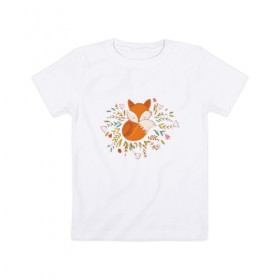 Детская футболка хлопок с принтом Лиса в цветах в Белгороде, 100% хлопок | круглый вырез горловины, полуприлегающий силуэт, длина до линии бедер | fox | foxed | арт | лис | лиса | лисенок | лисичка | пушистик | рыжая | рыжмй хвост