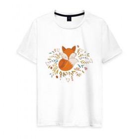 Мужская футболка хлопок с принтом Лиса в цветах в Белгороде, 100% хлопок | прямой крой, круглый вырез горловины, длина до линии бедер, слегка спущенное плечо. | fox | foxed | арт | лис | лиса | лисенок | лисичка | пушистик | рыжая | рыжмй хвост