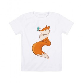 Детская футболка хлопок с принтом Лисичка и бабочка в Белгороде, 100% хлопок | круглый вырез горловины, полуприлегающий силуэт, длина до линии бедер | fox | foxed | арт | лис | лиса | лисенок | лисичка | пушистик | рыжая | рыжмй хвост