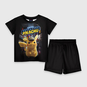 Детский костюм с шортами 3D с принтом Pikachu Detective в Белгороде,  |  | anime | game | nintendo | pikachu | pokemon | аниме | детектив | игра | кино | пикачу | покемон | эш кетчум
